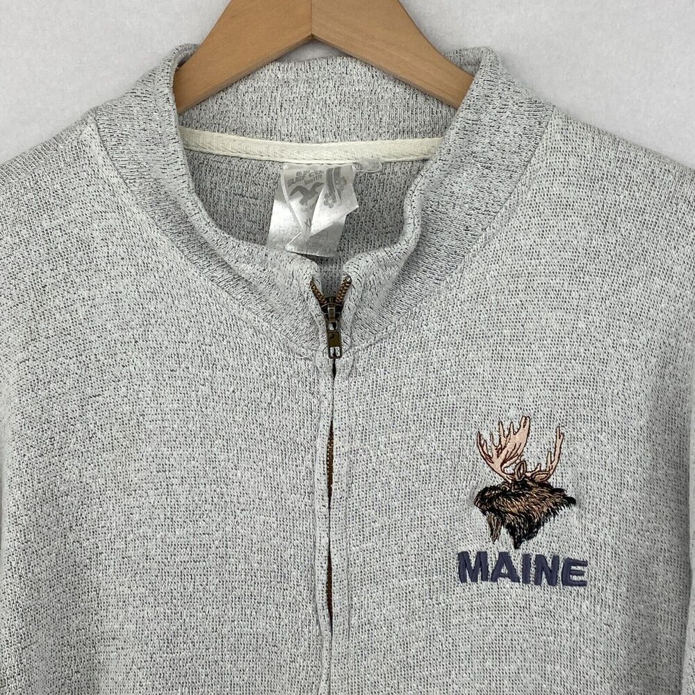 MAINE Sweatshirt Mens XL Moose Fleece Full Zip Camp Hiking Cotton Blend Gray